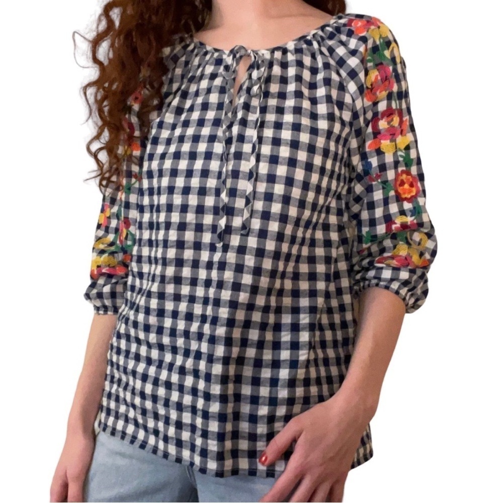 Skies Are Blue | Gingham Floral Embroidered Blouse